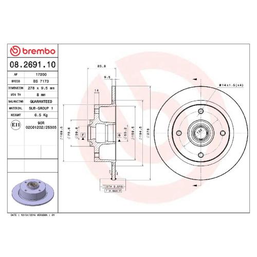 BREMBO Bremsbelagsatz, Scheibenbremse P 06 001 + Bremsscheibe 08.2691.10 Bild BREMBO Bremsbelagsatz, Scheibenbremse P 06 001 + Bremsscheibe 08.2691.10