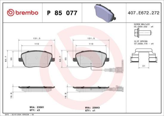 BREMBO Bremsbelagsatz, Scheibenbremse P 85 077 + Bremsscheibe 09.7010.21 Bild BREMBO Bremsbelagsatz, Scheibenbremse P 85 077 + Bremsscheibe 09.7010.21