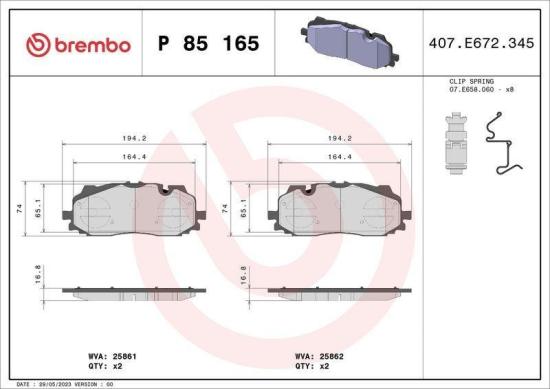 BREMBO Bremsbelagsatz, Scheibenbremse P 85 165 + Bremsscheibe 09.D423.11 Bild BREMBO Bremsbelagsatz, Scheibenbremse P 85 165 + Bremsscheibe 09.D423.11