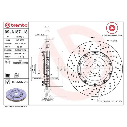 BREMBO Bremsscheibe 09.A187.13 + Bremsbelagsatz, Scheibenbremse P 37 018 Bild BREMBO Bremsscheibe 09.A187.13 + Bremsbelagsatz, Scheibenbremse P 37 018