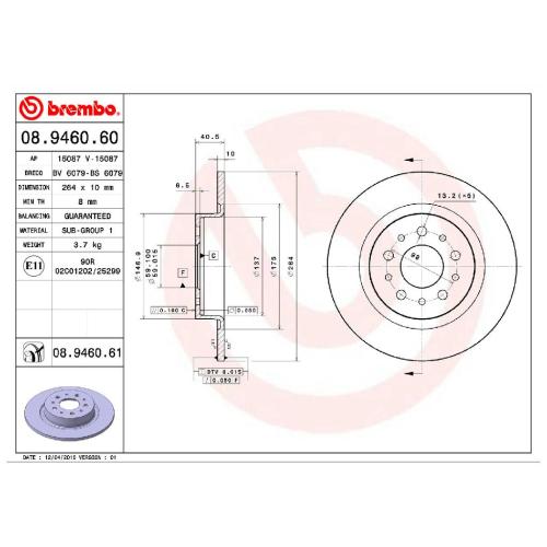 BREMBO Bremsscheibe 08.9460.61 + Bremsbelagsatz, Scheibenbremse P 23 190 Bild BREMBO Bremsscheibe 08.9460.61 + Bremsbelagsatz, Scheibenbremse P 23 190