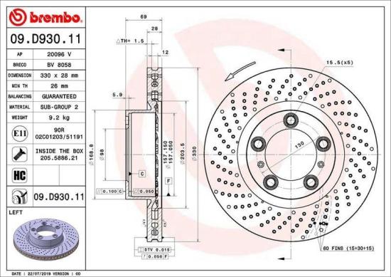 BREMBO Bremsscheibe 09.D931.11 + Bremsscheibe 09.D930.11 + Warnkontakt, Bremsbelagverschleiß A 00 502 + Bremsbelagsatz, Scheibenbremse P 65 018 Bild BREMBO Bremsscheibe 09.D931.11 + Bremsscheibe 09.D930.11 + Warnkontakt, Bremsbelagverschleiß A 00 502 + Bremsbelagsatz, Scheibenbremse P 65 018