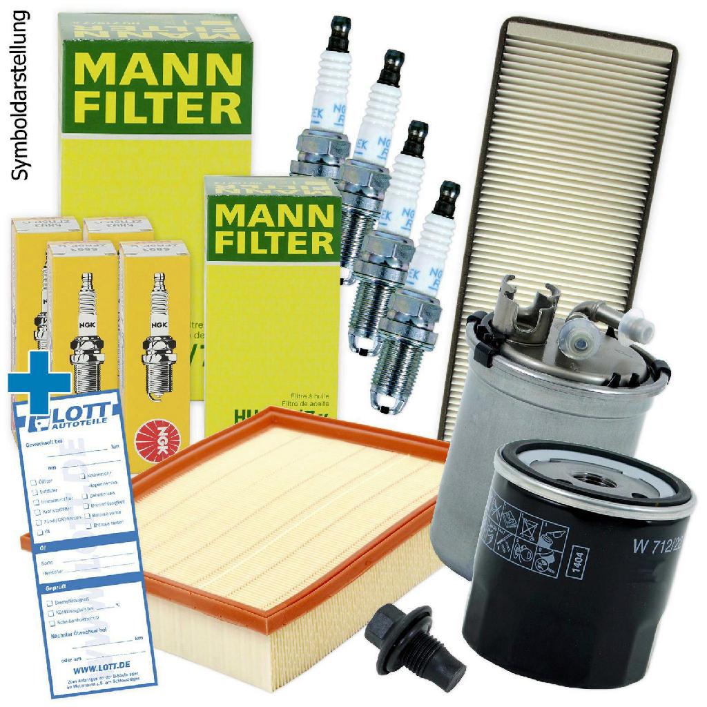 NGK Glühkerze 5605 FEBI BILSTEIN Verschlussschraube, Ölwanne 19401 MANN-FILTER Kraftstofffilter WK 842/4 + Luftfilter C 29 198 + Ölfilter W 950/4 + Filter, Innenraumluft CU 1738