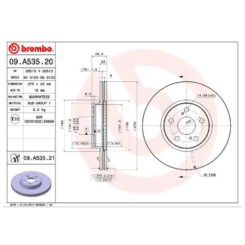 BREMBO Bremsscheibe 09.A535.21 + Bremsbelagsatz, Scheibenbremse P 83 082 Bild BREMBO Bremsscheibe 09.A535.21 + Bremsbelagsatz, Scheibenbremse P 83 082