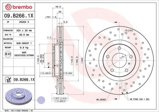 BREMBO Bremsbelagsatz, Scheibenbremse P 56 058 + Bremsscheibe 09.B266.1X Bild BREMBO Bremsbelagsatz, Scheibenbremse P 56 058 + Bremsscheibe 09.B266.1X