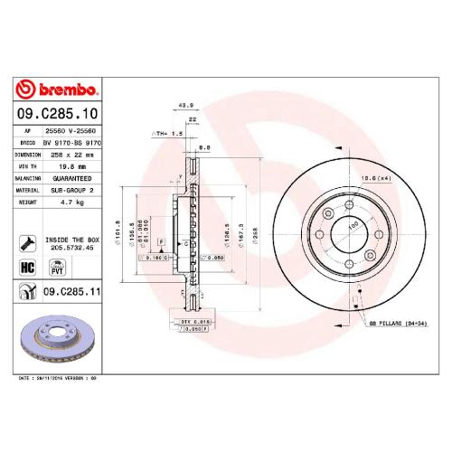 BREMBO Bremsbelagsatz, Scheibenbremse P 68 059 + Bremsscheibe 09.C285.11 Bild BREMBO Bremsbelagsatz, Scheibenbremse P 68 059 + Bremsscheibe 09.C285.11