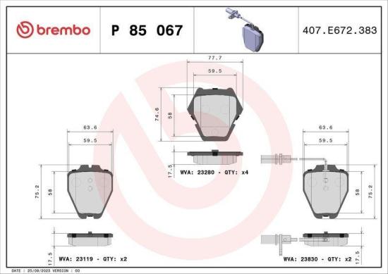 BREMBO Bremsbelagsatz, Scheibenbremse P 85 067 + Bremsscheibe 09.A598.11 Bild BREMBO Bremsbelagsatz, Scheibenbremse P 85 067 + Bremsscheibe 09.A598.11