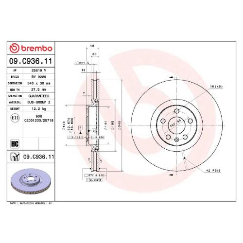 BREMBO Bremsscheibe 09.C936.11 + Bremsbelagsatz, Scheibenbremse P 86 027 Bild BREMBO Bremsscheibe 09.C936.11 + Bremsbelagsatz, Scheibenbremse P 86 027