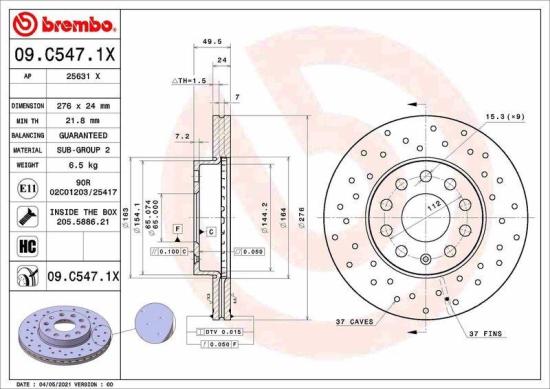 BREMBO Bremsbelagsatz, Scheibenbremse P 85 137 + Bremsscheibe 09.C547.1X Bild BREMBO Bremsbelagsatz, Scheibenbremse P 85 137 + Bremsscheibe 09.C547.1X