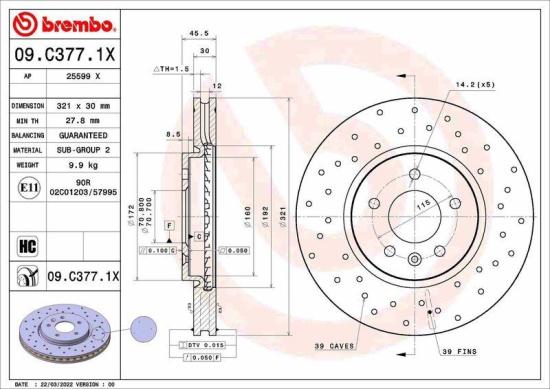 BREMBO Bremsscheibe 09.C377.1X + Bremsbelagsatz, Scheibenbremse P 59 055X Bild BREMBO Bremsscheibe 09.C377.1X + Bremsbelagsatz, Scheibenbremse P 59 055X