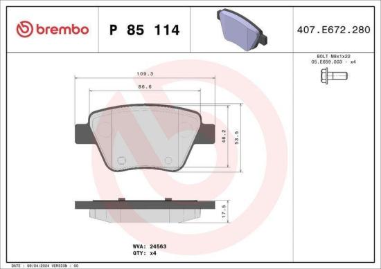 BREMBO Bremsbelagsatz, Scheibenbremse P 85 114 + Bremsscheibe 08.B413.11 Bild BREMBO Bremsbelagsatz, Scheibenbremse P 85 114 + Bremsscheibe 08.B413.11