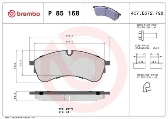 BREMBO Bremsbelagsatz, Scheibenbremse P 85 168 + Bremsscheibe 09.D421.11 Bild BREMBO Bremsbelagsatz, Scheibenbremse P 85 168 + Bremsscheibe 09.D421.11