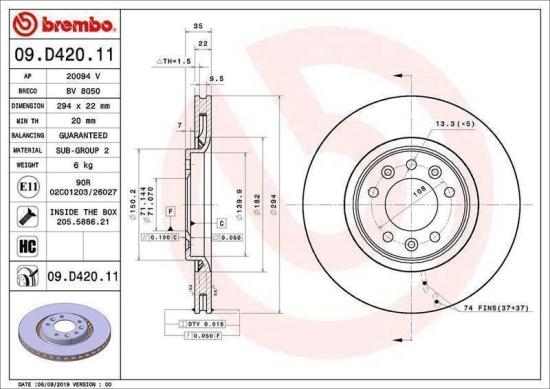 BREMBO Bremsbelagsatz, Scheibenbremse P 61 133 + Bremsscheibe 09.D420.11 Bild BREMBO Bremsbelagsatz, Scheibenbremse P 61 133 + Bremsscheibe 09.D420.11