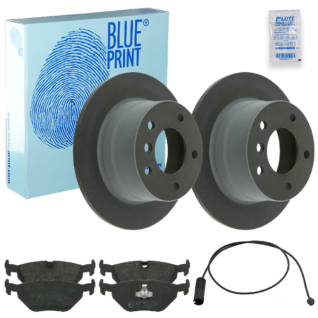 FEBI BILSTEIN Warnkontakt, Bremsbelagverschleiß 08233 BLUE PRINT Bremsscheibe ADB114351 + Bremsbelagsatz, Scheibenbremse ADB114227