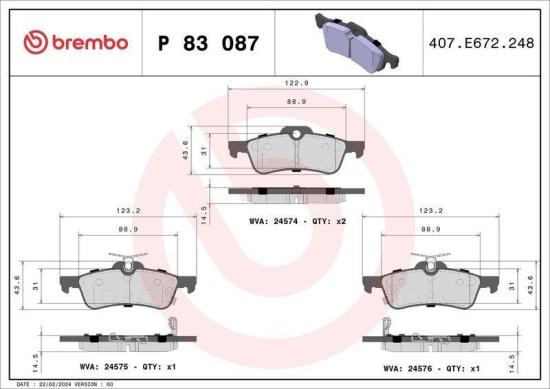 BREMBO Bremsbelagsatz, Scheibenbremse P 83 087 + Bremsscheibe 08.B044.10 Bild BREMBO Bremsbelagsatz, Scheibenbremse P 83 087 + Bremsscheibe 08.B044.10