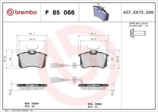 BREMBO Bremsbelagsatz, Scheibenbremse P 85 066 + Bremsscheibe 08.7165.11 Bild BREMBO Bremsbelagsatz, Scheibenbremse P 85 066 + Bremsscheibe 08.7165.11