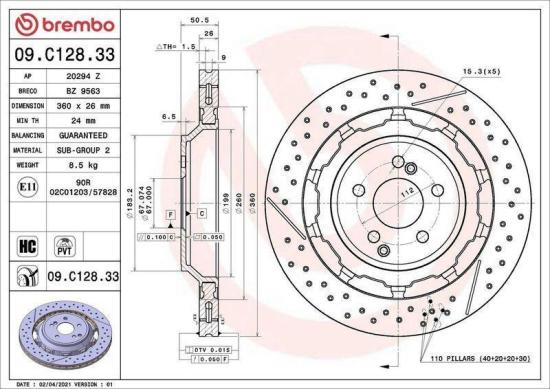 BREMBO Bremsbelagsatz, Scheibenbremse P 50 130 + Bremsscheibe 09.C128.33 + Warnkontakt, Bremsbelagverschleiß A 00 377 Bild BREMBO Bremsbelagsatz, Scheibenbremse P 50 130 + Bremsscheibe 09.C128.33 + Warnkontakt, Bremsbelagverschleiß A 00 377