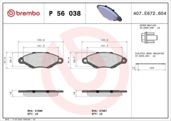 BREMBO Bremsbelagsatz, Scheibenbremse P 56 038 + Bremsscheibe 09.5802.2X Bild BREMBO Bremsbelagsatz, Scheibenbremse P 56 038 + Bremsscheibe 09.5802.2X