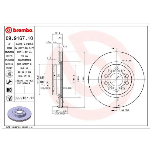 BREMBO Bremsscheibe 09.9167.11 + Bremsbelagsatz, Scheibenbremse P 85 041 Bild BREMBO Bremsscheibe 09.9167.11 + Bremsbelagsatz, Scheibenbremse P 85 041