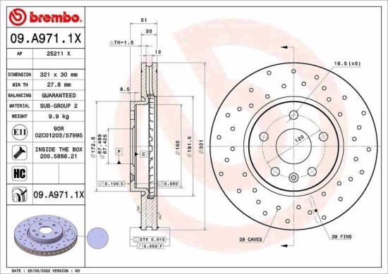 BREMBO Bremsbelagsatz, Scheibenbremse P 59 055 + Bremsscheibe 09.A971.1X Bild BREMBO Bremsbelagsatz, Scheibenbremse P 59 055 + Bremsscheibe 09.A971.1X