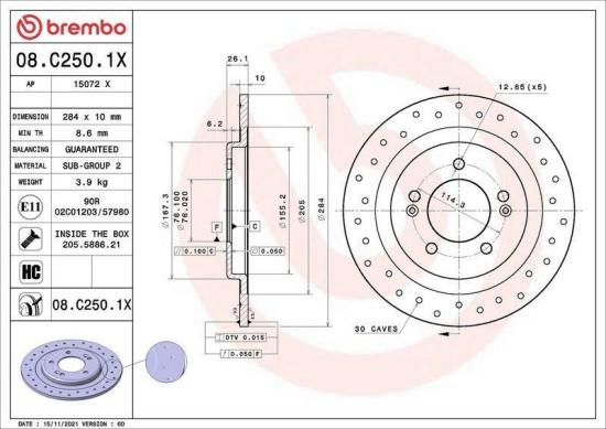 BREMBO Bremsscheibe 08.C250.1X + Bremsbelagsatz, Scheibenbremse P 30 067X Bild BREMBO Bremsscheibe 08.C250.1X + Bremsbelagsatz, Scheibenbremse P 30 067X