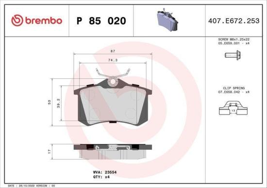 BREMBO Bremsbelagsatz, Scheibenbremse P 85 020 + Bremsscheibe 08.9502.1X Bild BREMBO Bremsbelagsatz, Scheibenbremse P 85 020 + Bremsscheibe 08.9502.1X