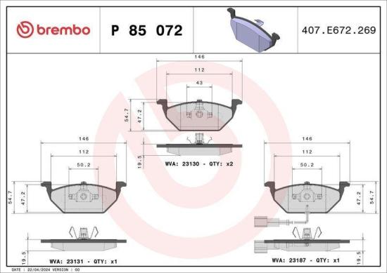BREMBO Bremsbelagsatz, Scheibenbremse P 85 072 + Bremsscheibe 09.7011.11 Bild BREMBO Bremsbelagsatz, Scheibenbremse P 85 072 + Bremsscheibe 09.7011.11