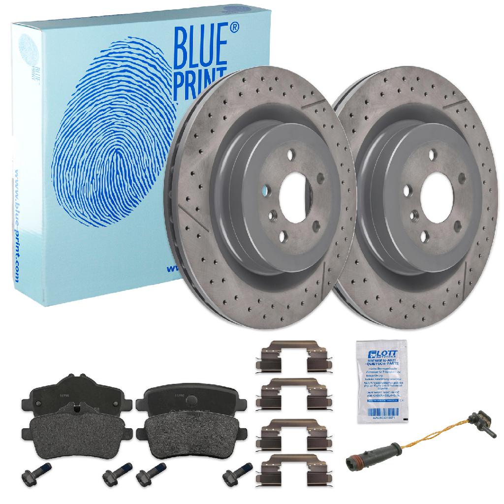 FEBI BILSTEIN Warnkontakt, Bremsbelagverschleiß 19186 BLUE PRINT Bremsbelagsatz, Scheibenbremse ADU174216 + Bremsscheibe ADU1743124