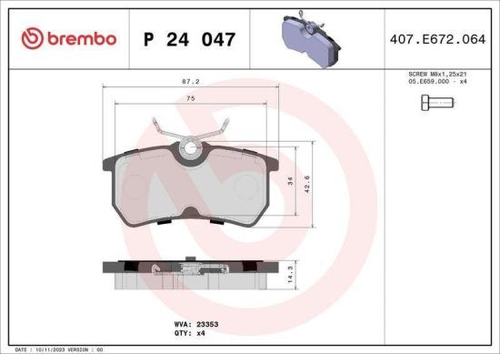BREMBO Bremsbelagsatz, Scheibenbremse P 24 047 + Bremsscheibe 08.4931.2X Bild BREMBO Bremsbelagsatz, Scheibenbremse P 24 047 + Bremsscheibe 08.4931.2X