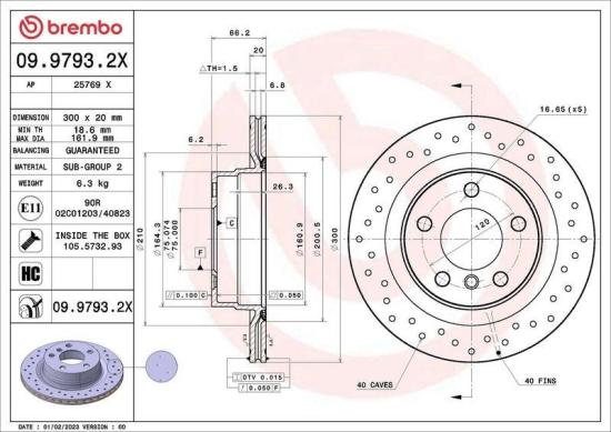 BREMBO Bremsbelagsatz, Scheibenbremse P 06 071X + Warnkontakt, Bremsbelagverschleiß A 00 474 + Bremsscheibe 09.9793.2X Bild BREMBO Bremsbelagsatz, Scheibenbremse P 06 071X + Warnkontakt, Bremsbelagverschleiß A 00 474 + Bremsscheibe 09.9793.2X