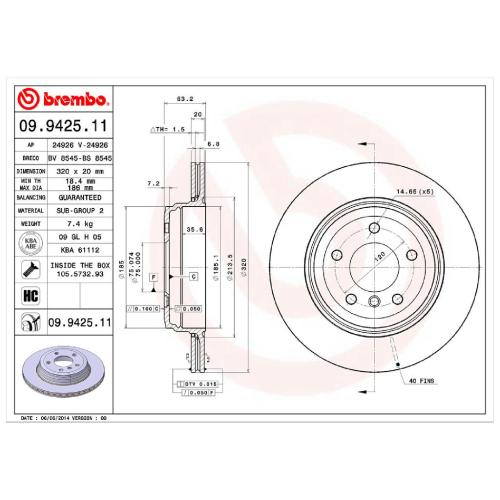 BREMBO Bremsscheibe 09.9425.11 + Bremsbelagsatz, Scheibenbremse P 06 033 Bild BREMBO Bremsscheibe 09.9425.11 + Bremsbelagsatz, Scheibenbremse P 06 033