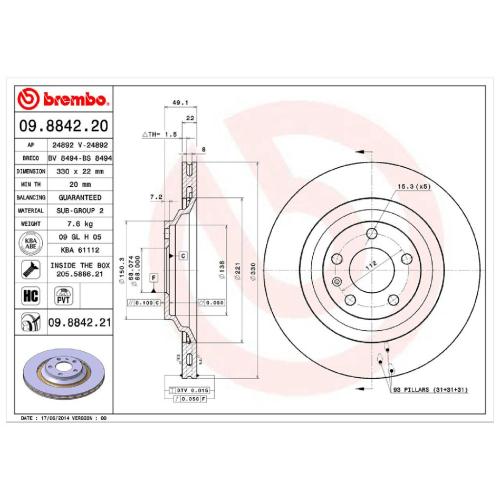 BREMBO Bremsbelagsatz, Scheibenbremse P 85 076 + Bremsscheibe 09.8842.21 Bild BREMBO Bremsbelagsatz, Scheibenbremse P 85 076 + Bremsscheibe 09.8842.21