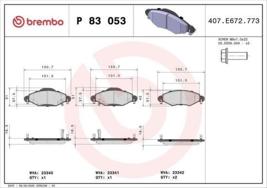 BREMBO Bremsbelagsatz, Scheibenbremse P 83 053 + Bremsscheibe 09.B309.10 Bild BREMBO Bremsbelagsatz, Scheibenbremse P 83 053 + Bremsscheibe 09.B309.10