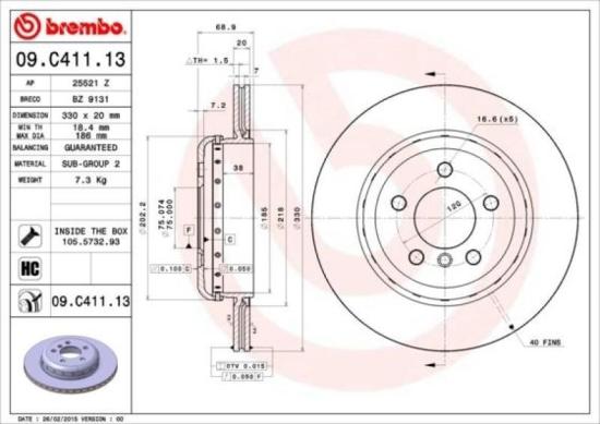 BREMBO Bremsscheibe 09.C411.13 + Warnkontakt, Bremsbelagverschleiß A 00 431 + Bremsbelagsatz, Scheibenbremse P 06 064 Bild BREMBO Bremsscheibe 09.C411.13 + Warnkontakt, Bremsbelagverschleiß A 00 431 + Bremsbelagsatz, Scheibenbremse P 06 064