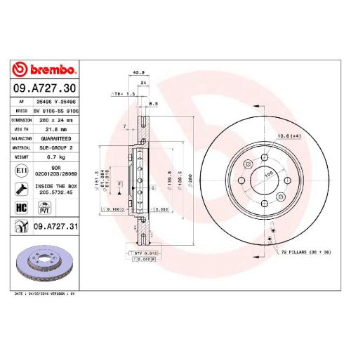 BREMBO Bremsscheibe 09.A727.31 + Bremsbelagsatz, Scheibenbremse P 68 050 Bild BREMBO Bremsscheibe 09.A727.31 + Bremsbelagsatz, Scheibenbremse P 68 050