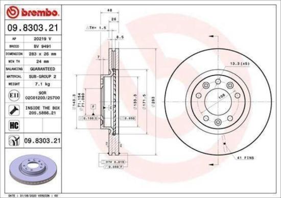 BREMBO Bremsscheibe 09.8303.21 + Bremsbelagsatz, Scheibenbremse P 61 116 Bild BREMBO Bremsscheibe 09.8303.21 + Bremsbelagsatz, Scheibenbremse P 61 116