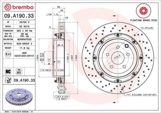BREMBO Bremsbelagsatz, Scheibenbremse P 36 018 + Bremsscheibe 09.A190.33 Bild BREMBO Bremsbelagsatz, Scheibenbremse P 36 018 + Bremsscheibe 09.A190.33