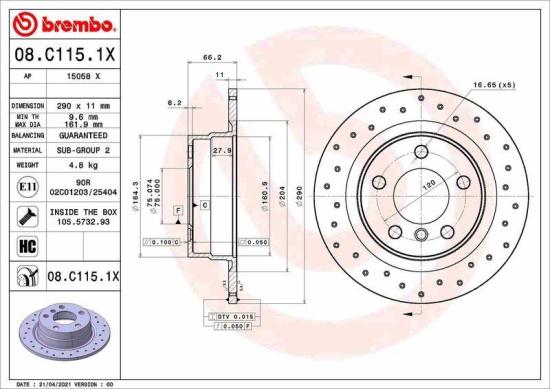BREMBO Bremsscheibe 08.C115.1X + Bremsbelagsatz, Scheibenbremse P 06 071 + Warnkontakt, Bremsbelagverschleiß A 00 474 Bild BREMBO Bremsscheibe 08.C115.1X + Bremsbelagsatz, Scheibenbremse P 06 071 + Warnkontakt, Bremsbelagverschleiß A 00 474