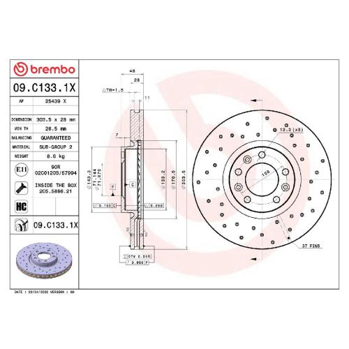 BREMBO Bremsscheibe 09.C133.1X + Bremsbelagsatz, Scheibenbremse P 61 135X Bild BREMBO Bremsscheibe 09.C133.1X + Bremsbelagsatz, Scheibenbremse P 61 135X