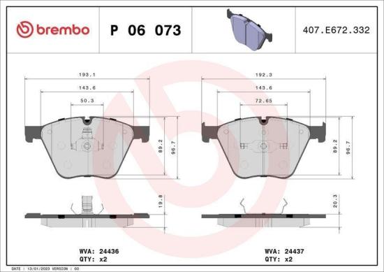 BREMBO Bremsbelagsatz, Scheibenbremse P 06 073 + Bremsscheibe 09.C412.13 + Warnkontakt, Bremsbelagverschleiß A 00 443 + Bremsscheibe 09.C413.13 Bild BREMBO Bremsbelagsatz, Scheibenbremse P 06 073 + Bremsscheibe 09.C412.13 + Warnkontakt, Bremsbelagverschleiß A 00 443 + Bremsscheibe 09.C413.13