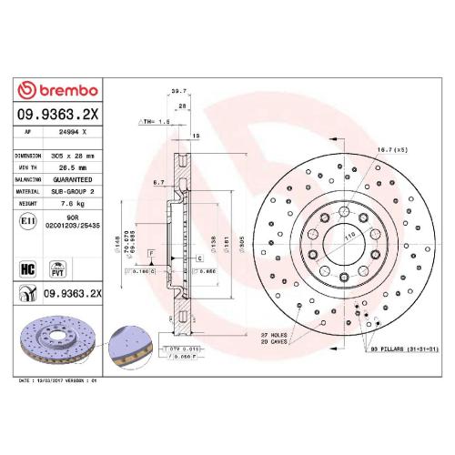 BREMBO Bremsscheibe 09.9363.2X + Bremsbelagsatz, Scheibenbremse P 23 103 Bild BREMBO Bremsscheibe 09.9363.2X + Bremsbelagsatz, Scheibenbremse P 23 103