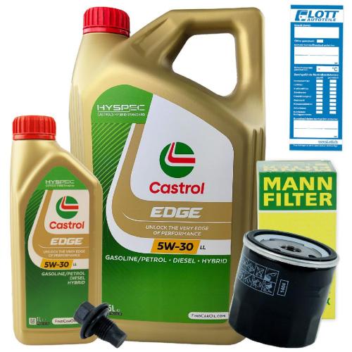 Ölwechsel Set 7L 5W30 Öl Motoröl CASTROL + MANN Ölfilter + Ablassschraube Bild Ölwechsel Set 7L 5W30 Öl Motoröl CASTROL + MANN Ölfilter + Ablassschraube