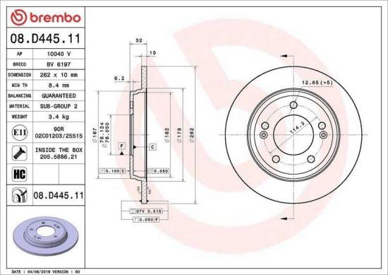 BREMBO Bremsbelagsatz, Scheibenbremse P 30 101 + Bremsscheibe 08.D445.11 Bild BREMBO Bremsbelagsatz, Scheibenbremse P 30 101 + Bremsscheibe 08.D445.11
