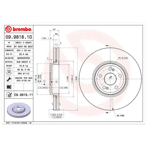 BREMBO Bremsscheibe 09.9818.11 + Bremsbelagsatz, Scheibenbremse P 68 032 Bild BREMBO Bremsscheibe 09.9818.11 + Bremsbelagsatz, Scheibenbremse P 68 032