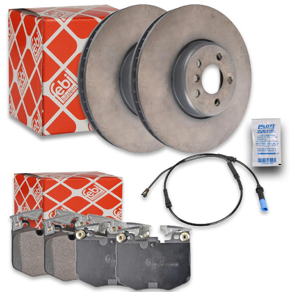 FEBI BILSTEIN Bremsbelagsatz, Scheibenbremse 116430 + Warnkontakt, Bremsbelagverschleiß 171446 + Bremsscheibe 171454 + Bremsscheibe 171456