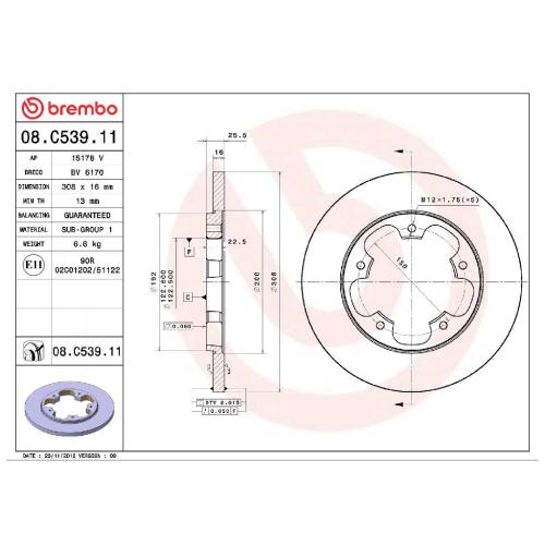 BREMBO Bremsscheibe 08.C539.11 + Bremsbelagsatz, Scheibenbremse P 24 160 Bild BREMBO Bremsscheibe 08.C539.11 + Bremsbelagsatz, Scheibenbremse P 24 160