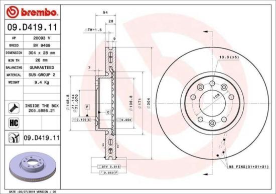 BREMBO Bremsbelagsatz, Scheibenbremse P 61 133 + Bremsscheibe 08.C309.11 + Bremsscheibe 09.D419.11 + Bremsbelagsatz, Scheibenbremse P 61 134 Bild BREMBO Bremsbelagsatz, Scheibenbremse P 61 133 + Bremsscheibe 08.C309.11 + Bremsscheibe 09.D419.11 + Bremsbelagsatz, Scheibenbremse P 61 134