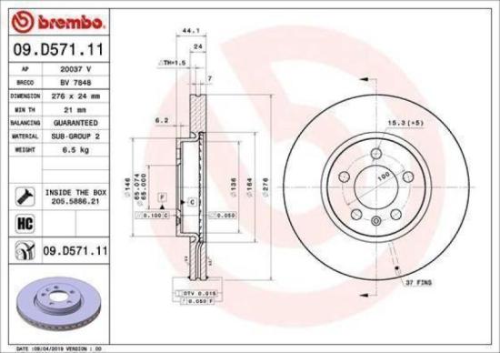 BREMBO Bremsbelagsatz, Scheibenbremse P 85 167 + Bremsscheibe 09.D571.11 Bild BREMBO Bremsbelagsatz, Scheibenbremse P 85 167 + Bremsscheibe 09.D571.11
