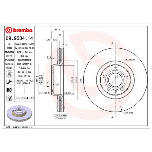 BREMBO Bremsscheibe 09.9534.11 + Bremsbelagsatz, Scheibenbremse P 85 084 Bild BREMBO Bremsscheibe 09.9534.11 + Bremsbelagsatz, Scheibenbremse P 85 084