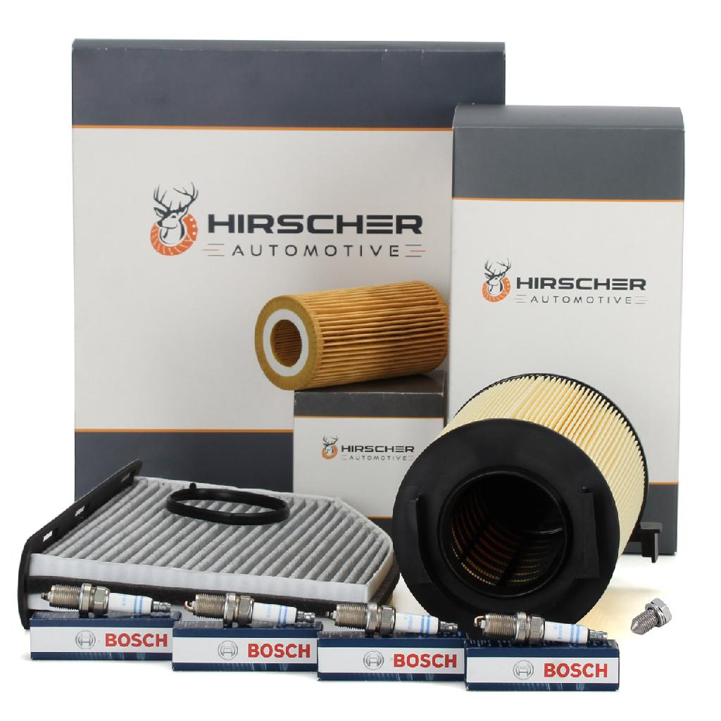 HIRSCHER Filterset + 4x BOSCH Zündkerze VW Golf 5 6 Jetta 3 Passat B6 Touran Eos 2.0 FSI